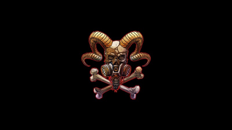 horns, skull, bones, gas masks, simple background, black background, artwork, minimalism