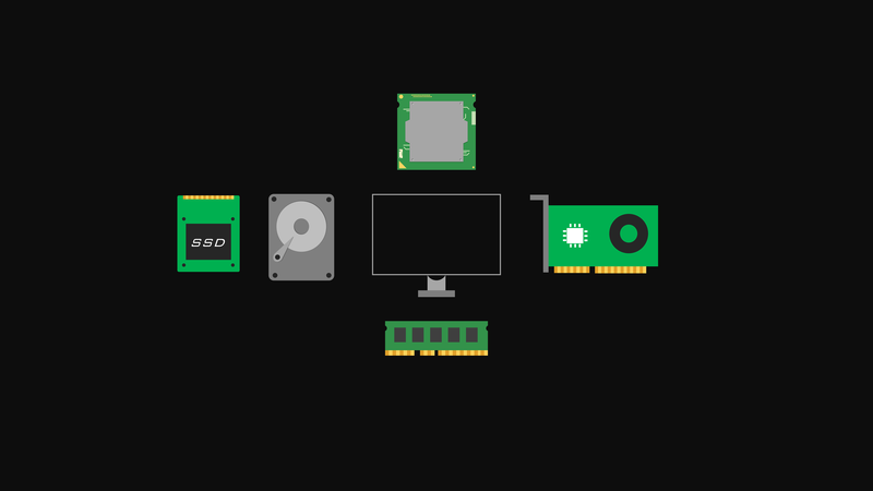 simple, vector, computer, hardware, technology, minimalism, CPU, Hard drives, GPU, monitor, RAM (Computing), simple background, green