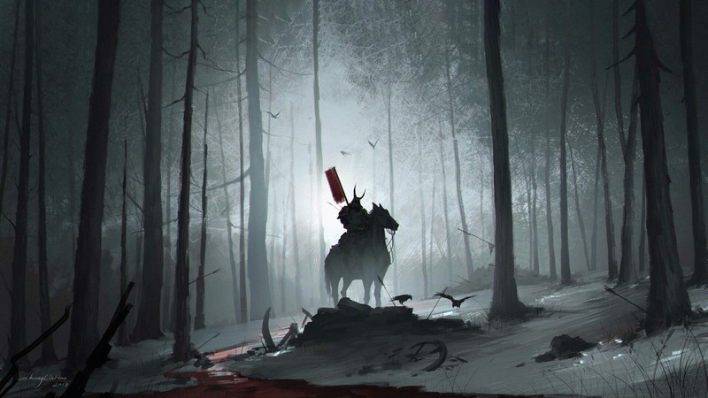 samurai, horse, men, dark, warrior, artwork, blood, trees, crow, forest