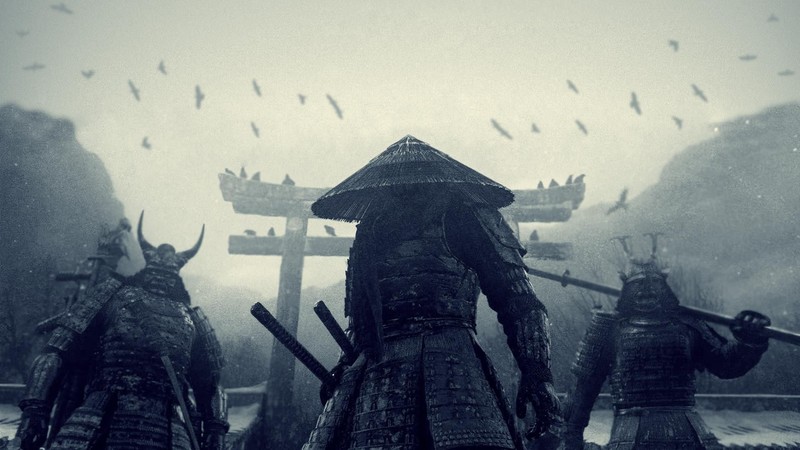samurai, katana, dark, warrior, artwork, sword, temple, crow, Sucker Punch