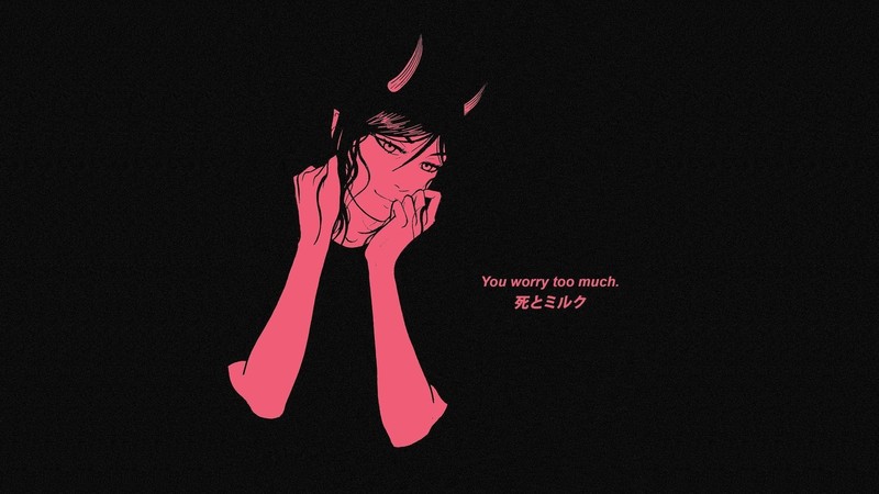 Death & Milk, artwork, digital art, simple background, original characters, women, quote, translated, illustration, kanji, demon girl, looking at viewer, sensual gaze, hands in hair, horns, black background, minimalism