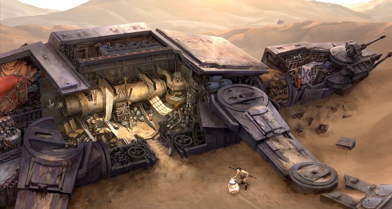 Star Wars, artwork, fantasy art, science fiction, AT-AT, BB-8, Rey