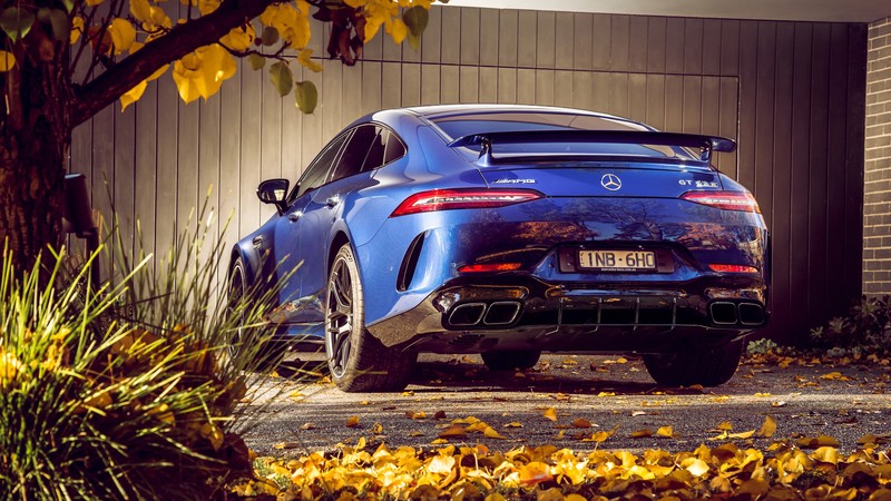 car, Mercedes-Benz, leaves, fall, blue cars, Mercedes-AMG GT 4-door