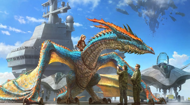 artwork, fantasy art, dragon, aircraft, aircraft carrier, ship, futuristic