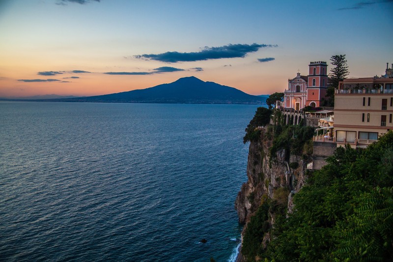 Campania, Amalfi, landscape, Italy, sea, Mount Vesuvius, sunset, cliff, church