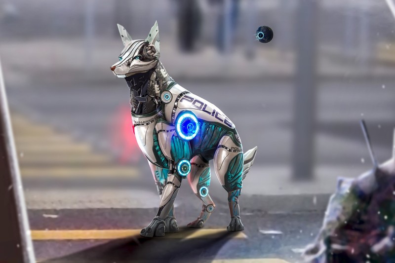 dog, robot, render, digital art, artwork, science fiction