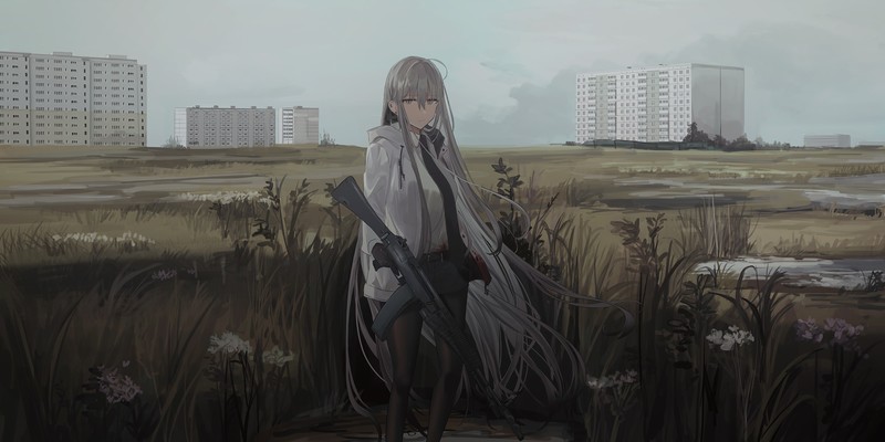 anime, anime girls, digital art, artwork, portrait, 2D, original characters, long hair, grey hair, weapon