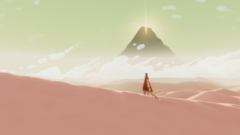 video game characters, Journey (game), dunes, mountains, desert, clouds
