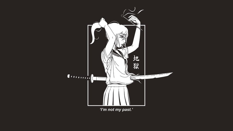 Death & Milk, illustration, digital art, artwork, simple background, women, women with swords, brown background, school uniform, hands in hair, kanji, translated, monochrome, quote, anime girls