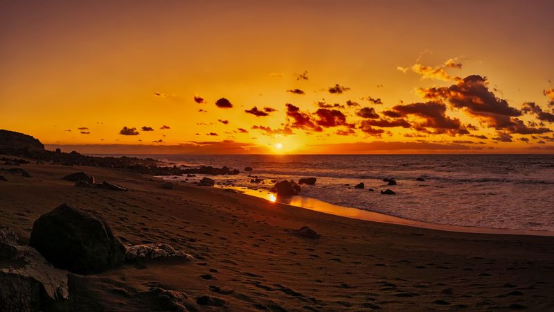 ocean, sunset, shore, beach, sand, horizon, canary islands, spain, 4k