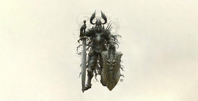 simple background, white background, knight, sword, shield, skull, Armored, fantasy art, artwork, Kerem Beyit, frontal view