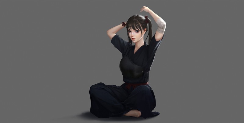 samurai, warrior, women, simple background, fantasy girl, fantasy art, minimalism, artwork, digital art, L.tt.ing l