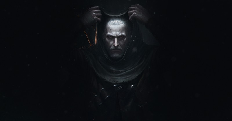 Maksim Vorontsov, Geralt of Rivia, men, hood, dark, simple background, black background, illustration, fantasy art, artwork, The Witcher
