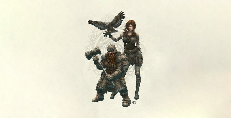 simple background, white background, dwarf, fantasy art, fantasy girl, birds, owl, artwork, Kerem Beyit, frontal view