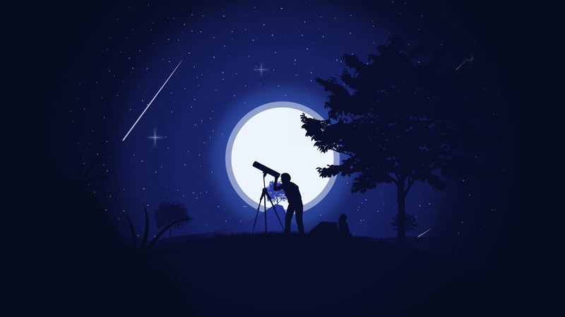 artwork, Moon, stars, shooting stars, trees, telescope