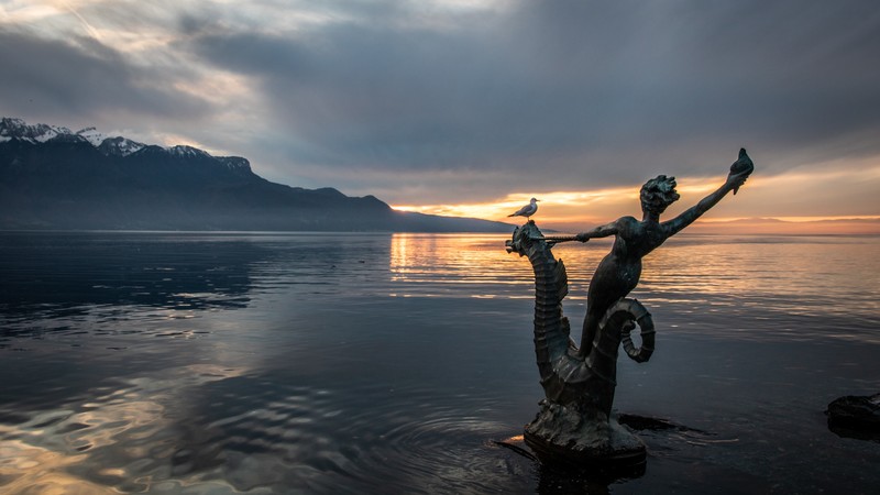 Switzerland, landscape, mountains, Lake Geneva, sunset, statue