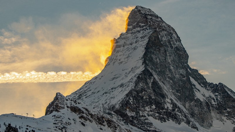 Switzerland, landscape, mountains, summit, Matterhorn, winter, snow, skiing, sunset, Cervino