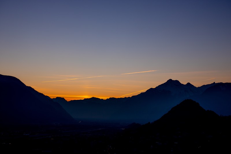 Switzerland, landscape, mountains, summit, sunset, silhouette