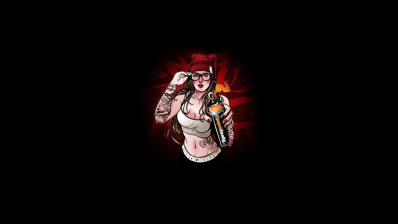 minimalism, artwork, women, Kojek90, painting, spray, boobs, tank top, cleavage, hips, belly, navels, tattoo, blue eyes, glasses, hood, simple background, black background
