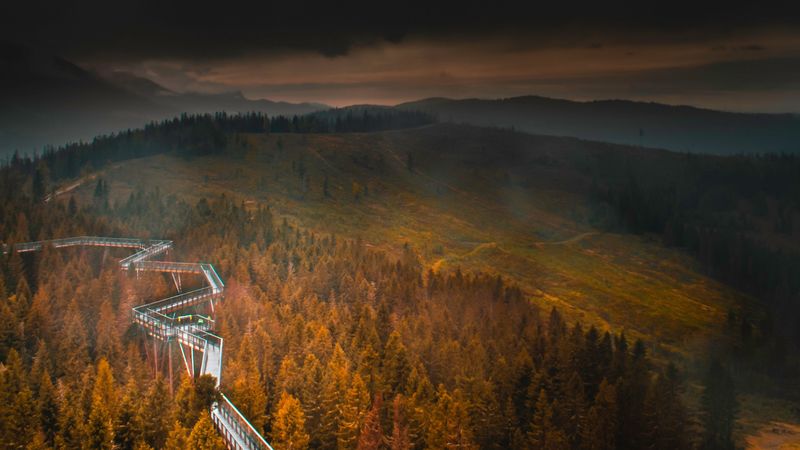 bridge, mountains, fog, clouds, aerial view, 4k