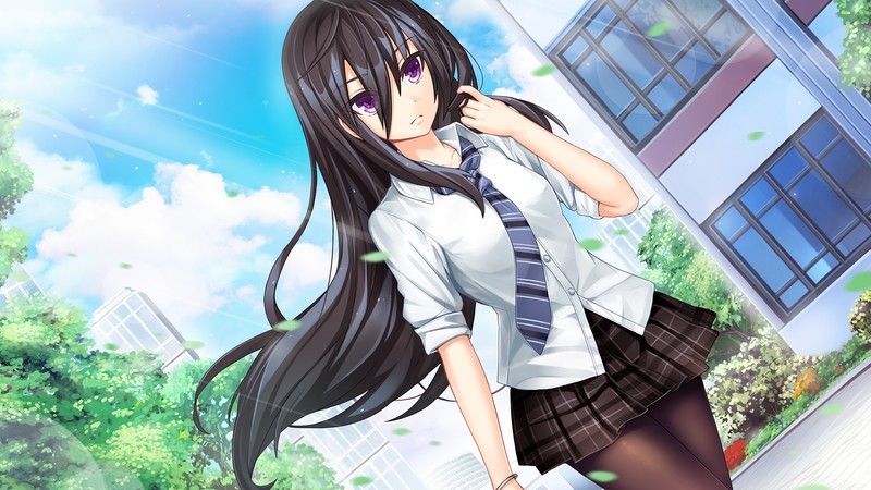 anime girls, anime, dark hair, long hair, purple eyes, miniskirt