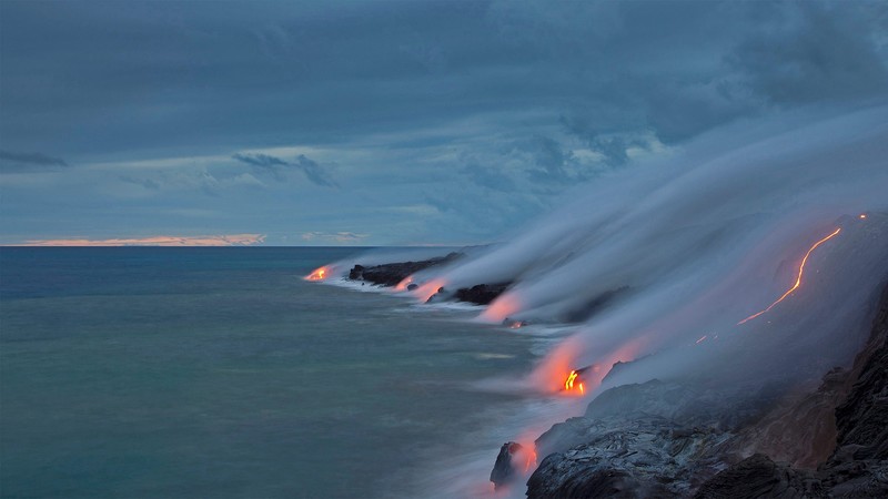 nature, lava, sea, clouds, Hawaii, smoke, horizon