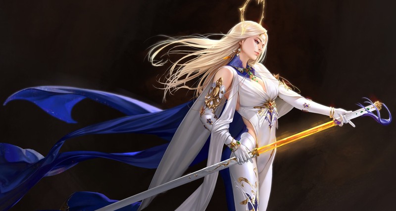artwork, fantasy art, fantasy girl, women, blonde, long hair, sword, cape