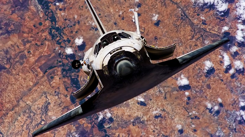 clouds, space, spaceship, Space Shuttle Discovery, frontal view, top view