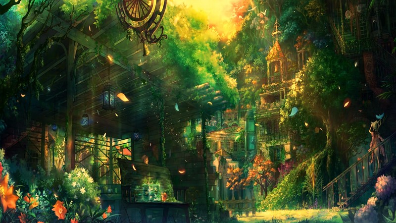 trees, flowers, colorful, fantasy city, artwork, plants
