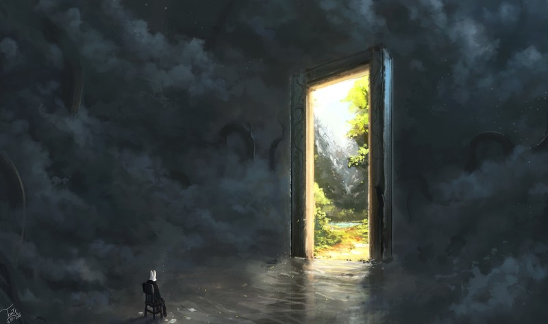 Tommy Chandra, rabbits, smoke, Portal, fantasy art, Monolith, forest