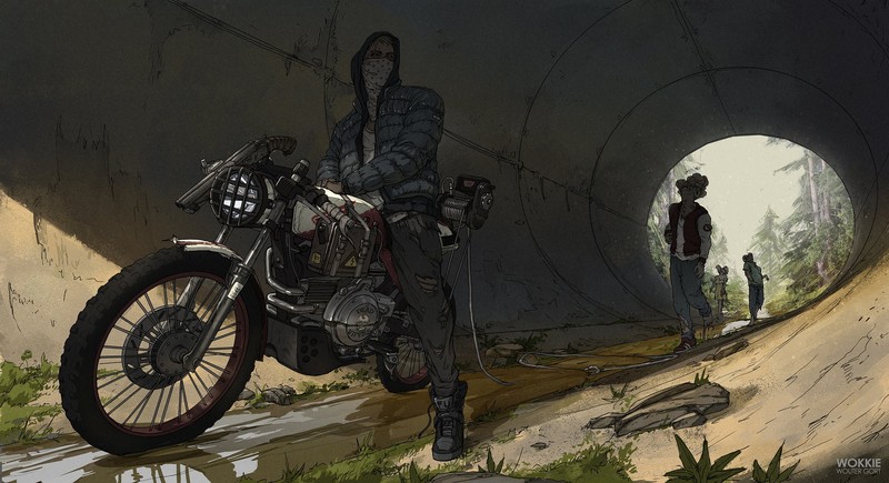 concept art, digital art, artwork, dark, Neo-noir, Retrowave, cyberpunk, zombies, motorcycle, motorcyclist, gun, Wouter Gort, illustration, science fiction