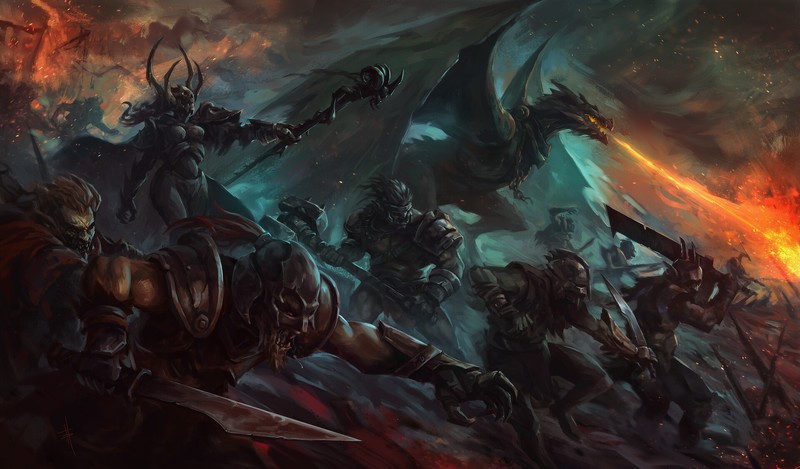 artwork, fantasy art, dragon, fire, Orc, orcs