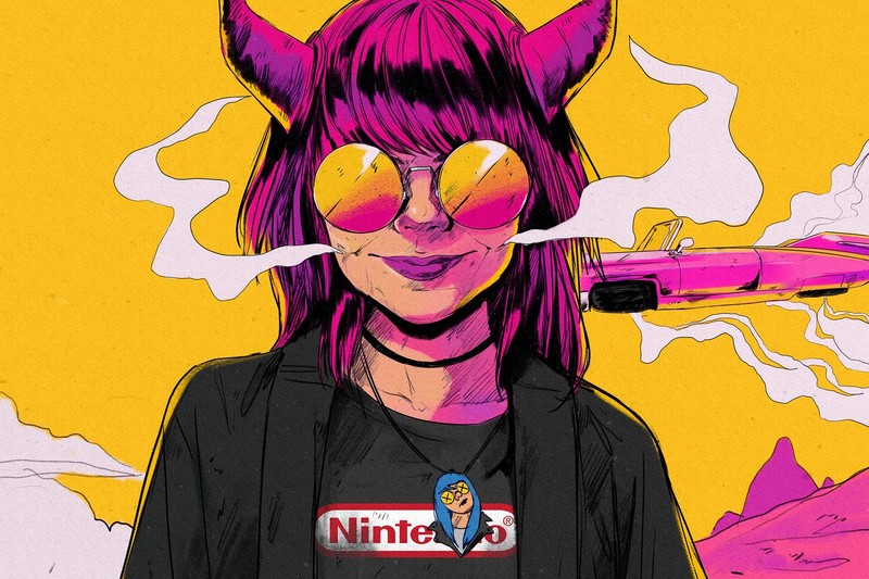 Nintendo, shades, yellow background, women, artwork