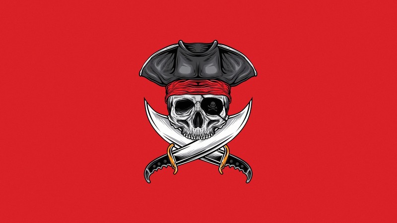 pirates, skull, hat, dagger, weapon, artwork, digital art, simple background, red background, minimalism