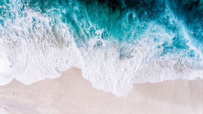 ocean, aerial view, surf, wave, foam, sand, shore, 4k