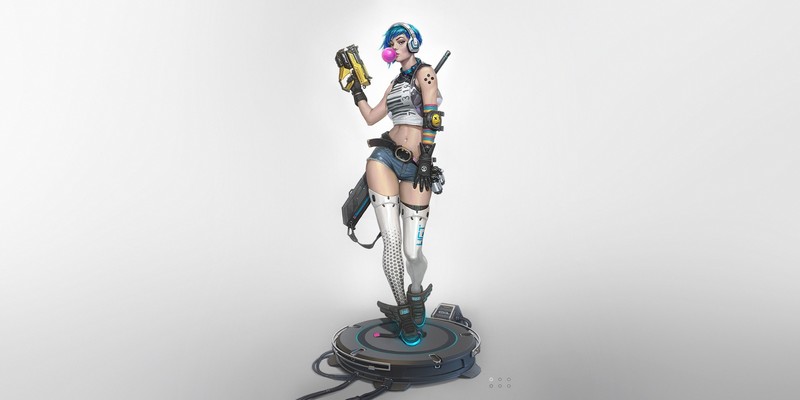 simple background, artwork, women, weapon, bubblegum, headphones, futuristic