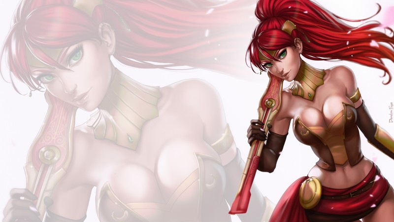 dandon fuga, gun, Pyrrha Nikos, redhead, green eyes, RWBY