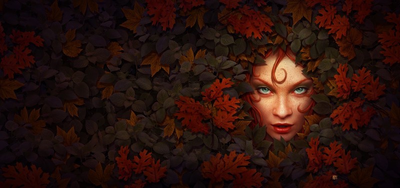 women, artwork, leaves, face, redhead, portrait, plants