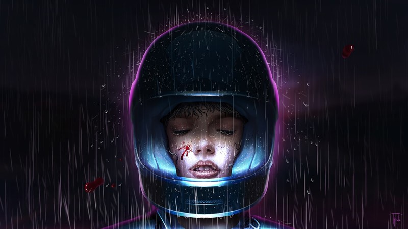women, rain, artwork, helmet, closed eyes