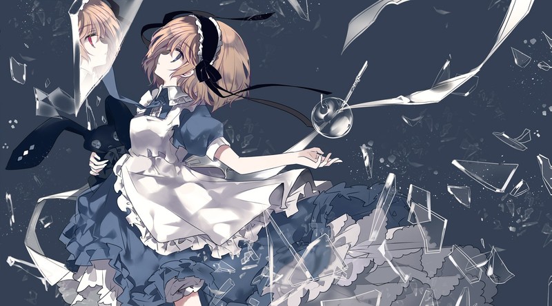 anime girls, apron, hair band, dark blue, blond hair, short hair, anime, doll, reflection, Izayoi Sakuya, Touhou