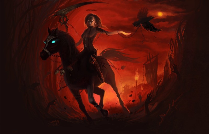 artwork, dark, red, glowing eyes, horse, fantasy girl, birds, fantasy art