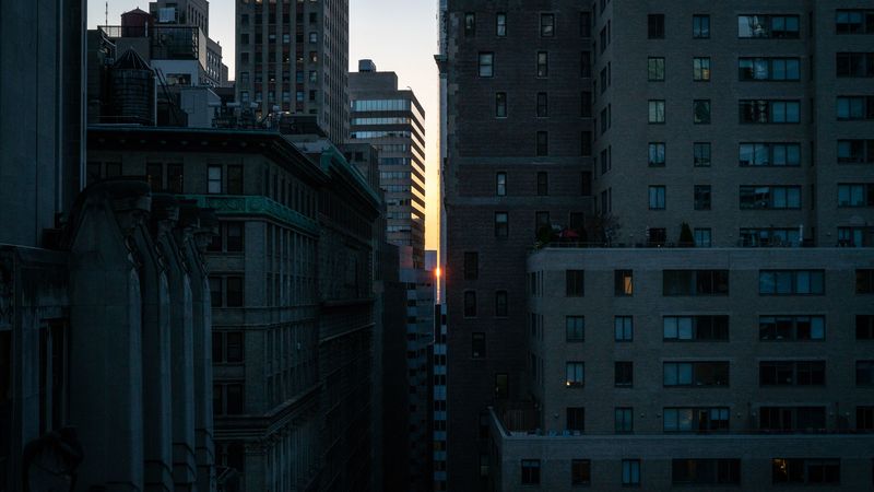 sunset, buildings, city, light, new york, usa, 4k