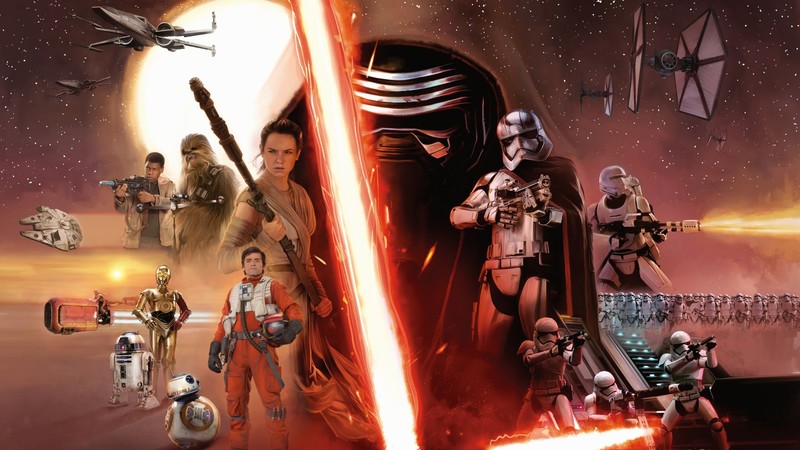 Star Wars, Kylo Ren, Sith, Rey, Finn (Star Wars), Chewbacca, Poe Dameron, R2-D2, C-3PO, BB-8, Captain Phasma, First Order Trooper, TIE Fighter