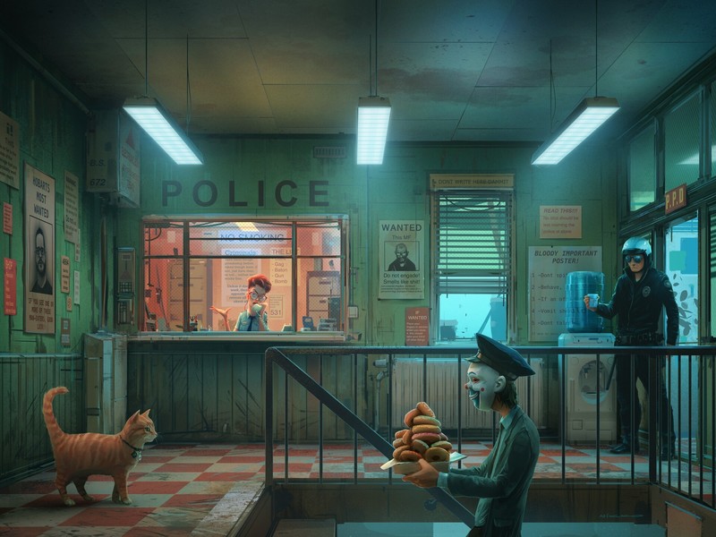 police, artwork, cats, animals, donuts, clown, Joker, cyan