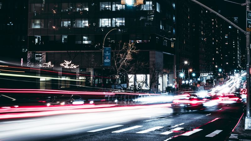 night city, traffic, city lights, road, long exposure, 4k