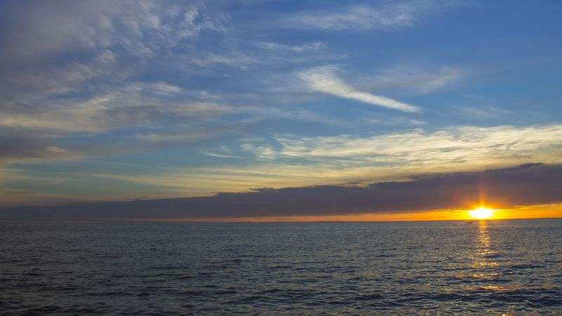 sunset, horizon, sea, sky, clouds, 4k
