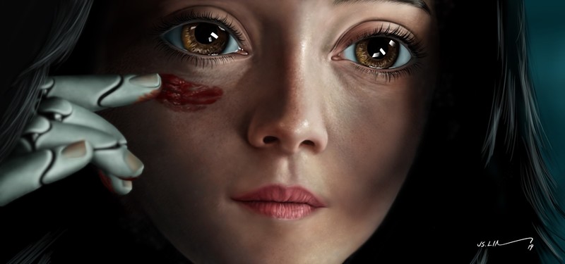 Alita, Alita: Battle Angel, anime girls, movies, anime, portrait, face, brown eyes, blood, black hair, closeup, Rosa Salazar, artwork, digital art, drawing, Jinsung Lim