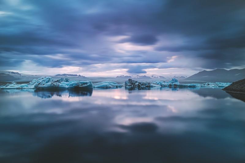 Iceland, nature, ice, lake, glacier, sunset, clouds, calm