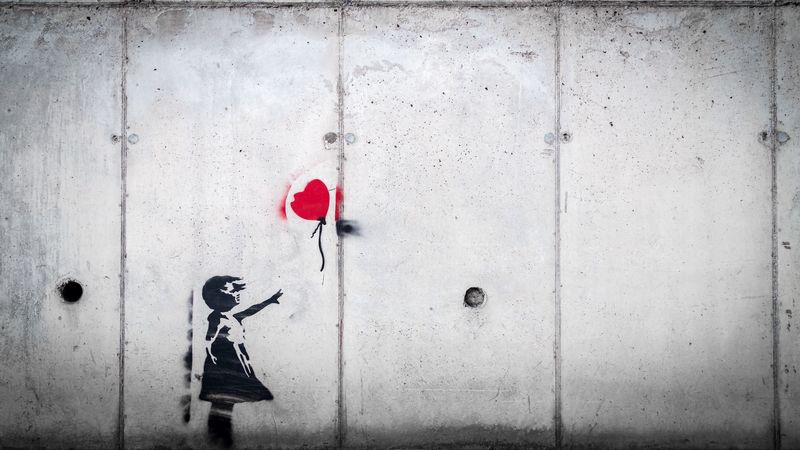 graffiti, child, balloon, love, street art, 4k