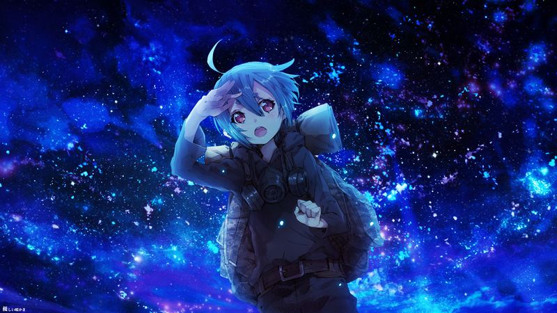 night sky, stars, anime girls, anime